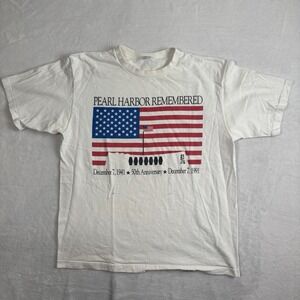 VTG Crazy‎ Shirts Pearl Harbor 50 Year Anniversary White SS Shirt Men's M Stains
